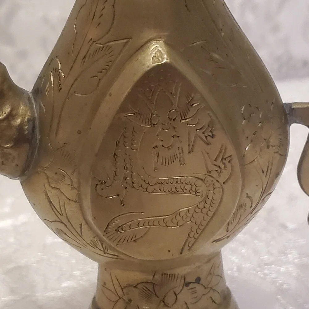 Brass‎ Pitcher Vase Ornate Petinaed Ornate Oil Annointing Dragon Floral Etched